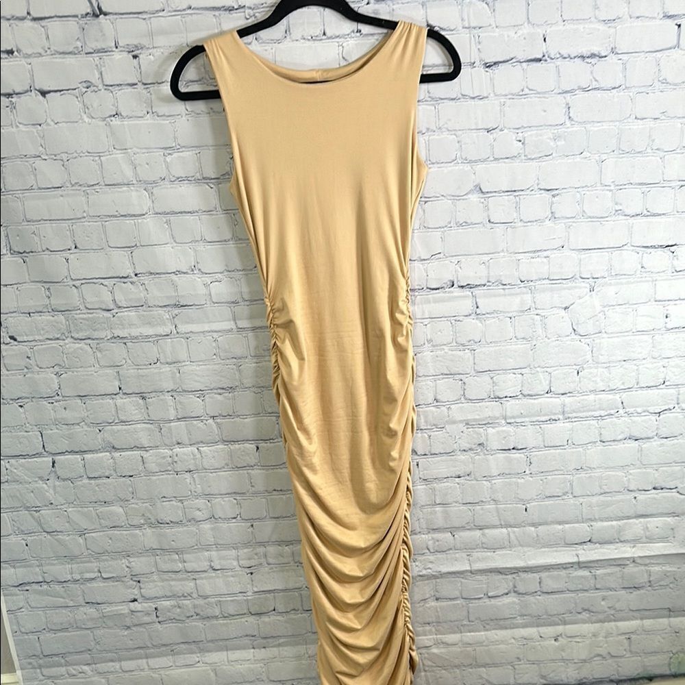 ✨ Tan Maxi Dress with Ruching - Size Small, Perfect Condition